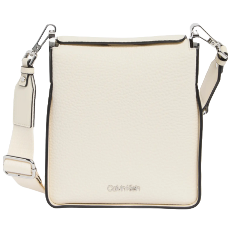 A white Calvin Klein crossbody bag with a pebbled texture, featuring silver-tone hardware and an adjustable strap.