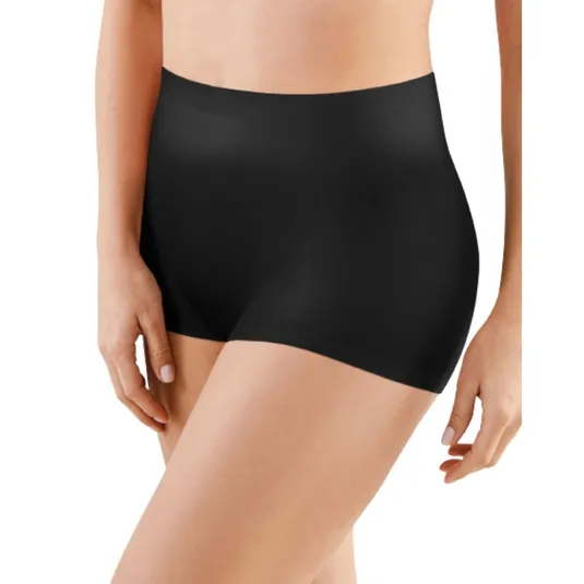 A person wearing high-waisted, seamless black underwear, showcasing a smooth fit.