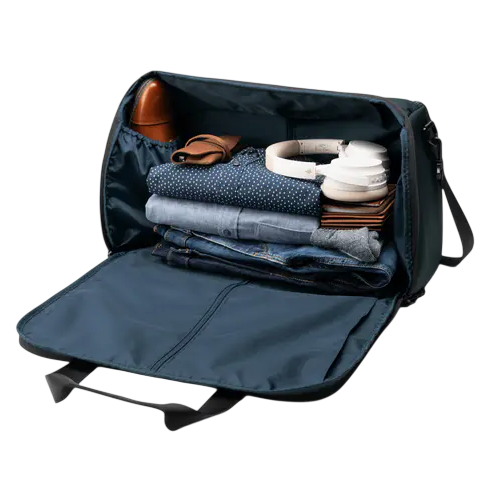 A duffel bag with a removable shoe compartment, holding a pair of brown shoes, rolled shirts, jeans, and accessories. Includes a detachable shoulder strap.