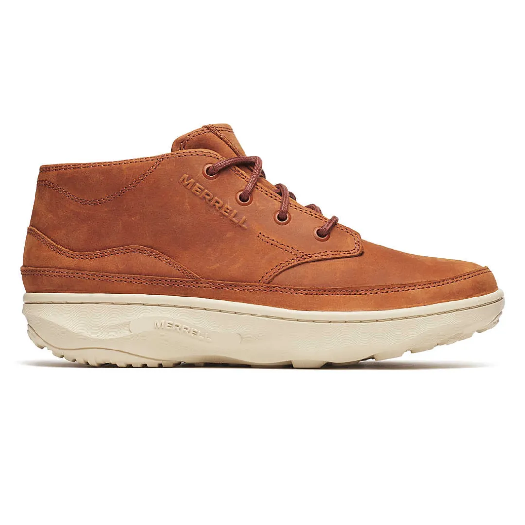 Brown leather Merrell chukka boot with a white textured sole and brown laces.
