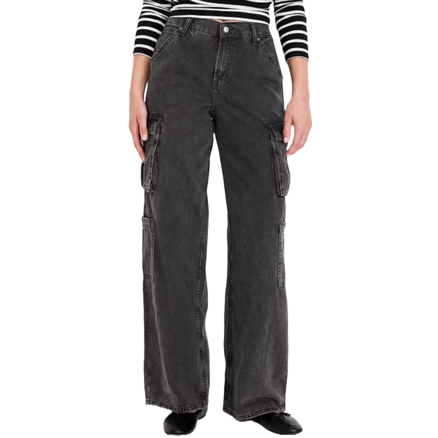 Black mid-rise baggy jeans featuring multiple cargo pockets along the legs, with a loose fit through the hip and thigh, widening to a relaxed, straight leg silhouette.