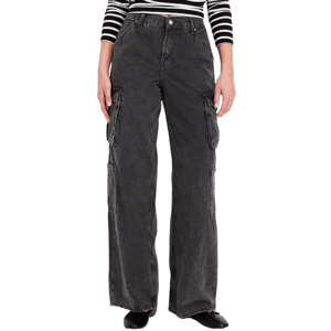 Black mid-rise baggy jeans featuring multiple cargo pockets along the legs, with a loose fit through the hip and thigh, widening to a relaxed, straight leg silhouette.