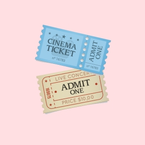Two tickets: a blue cinema ticket and a beige concert ticket priced at $10.