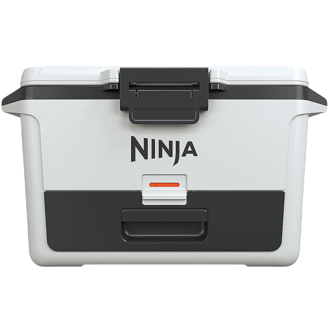 A compact cooler featuring the \“Ninja\“ logo, designed in a grey and black color scheme with a sturdy latch and handle for portability.