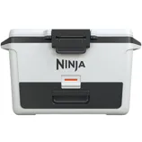 A compact cooler featuring the \“Ninja\“ logo, designed in a grey and black color scheme with a sturdy latch and handle for portability.