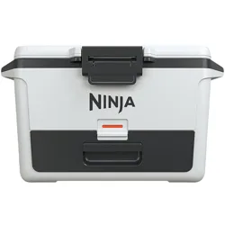 A compact cooler featuring the \“Ninja\“ logo, designed in a grey and black color scheme with a sturdy latch and handle for portability.