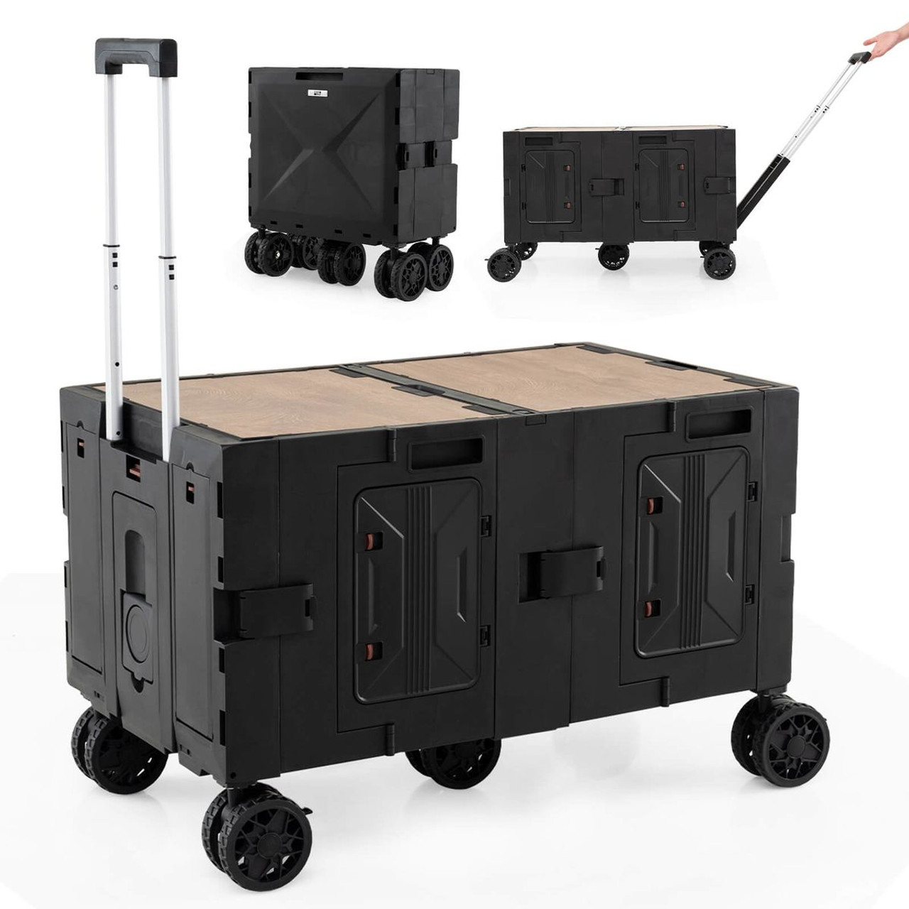 A foldable rolling cart with multiple compartments, featuring a telescopic handle and sturdy wheels, designed for easy transport and storage.