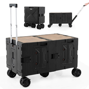 A foldable rolling cart with multiple compartments, featuring a telescopic handle and sturdy wheels, designed for easy transport and storage.