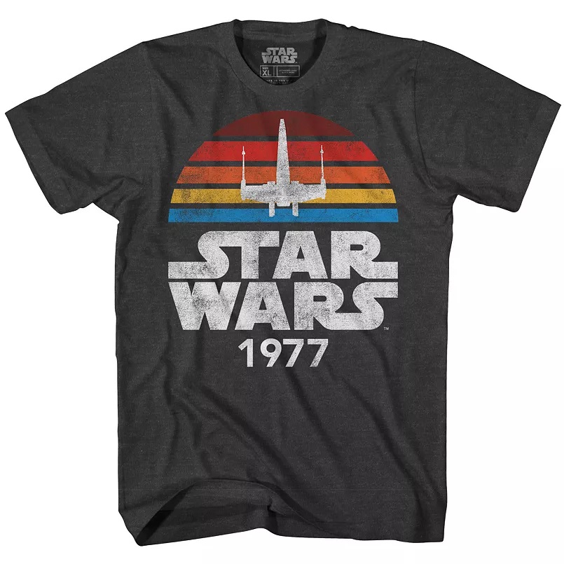 A black t-shirt with a Star Wars logo and X-Wing graphic, dated 1977.