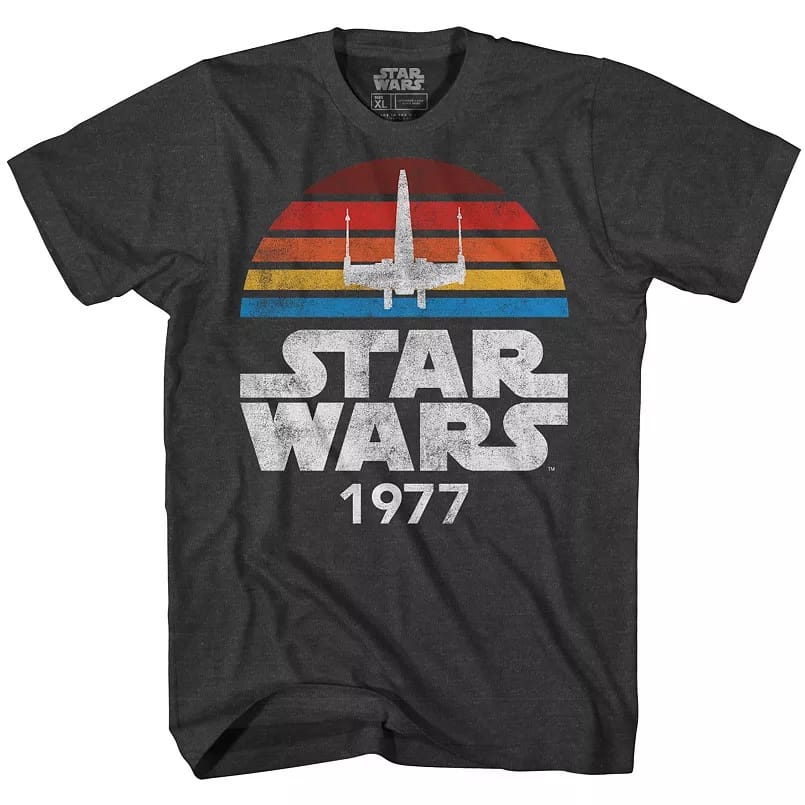A black t-shirt with a Star Wars logo and X-Wing graphic, dated 1977.