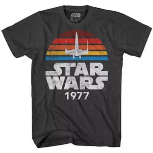 A black t-shirt with a Star Wars logo and X-Wing graphic, dated 1977.