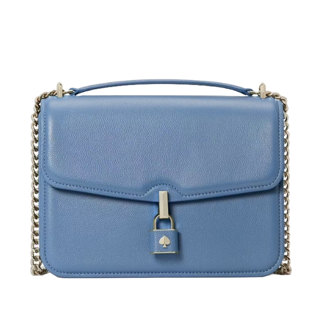 Blue leather shoulder bag with a top handle and chain strap. Features a front flap with a lock closure adorned with a spade emblem.