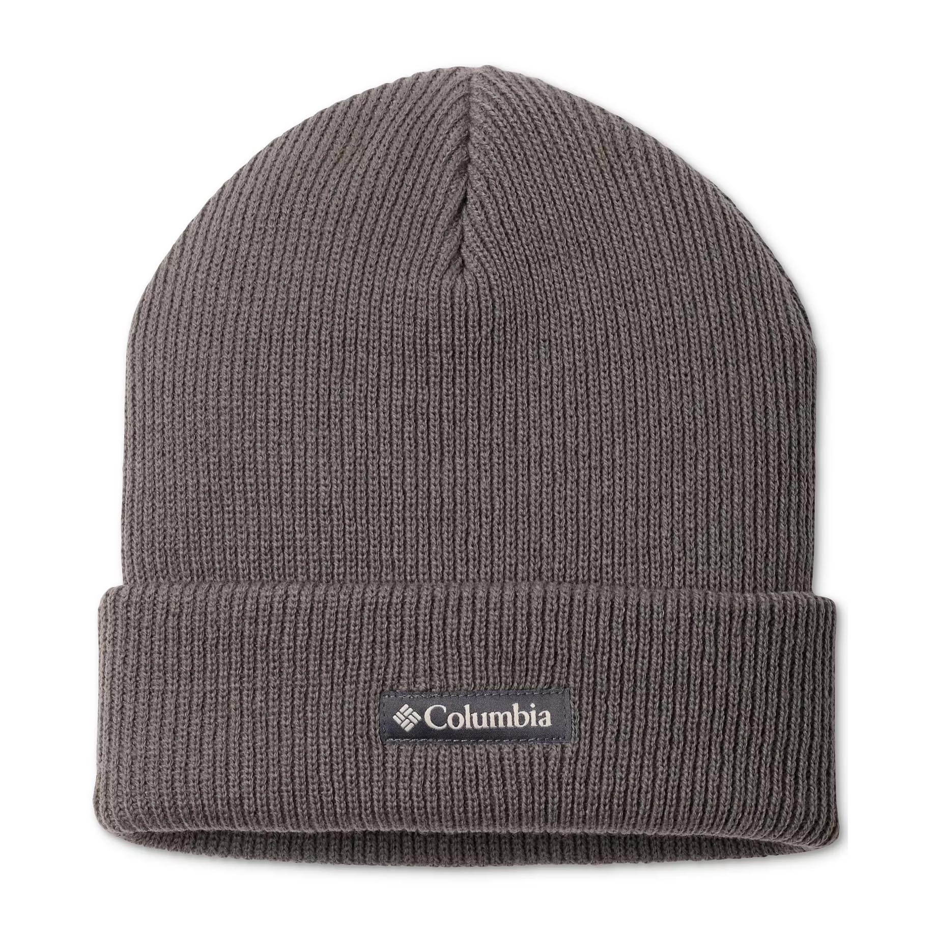 Gray beanie with a ribbed knit design, featuring a Columbia logo tag on the cuff.