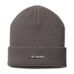 Gray beanie with a ribbed knit design, featuring a Columbia logo tag on the cuff.