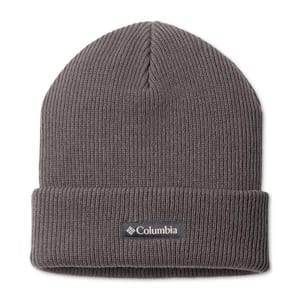 Gray beanie with a ribbed knit design, featuring a Columbia logo tag on the cuff.