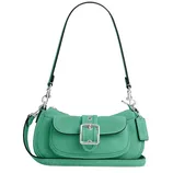 A green suede shoulder bag with a silver buckle and detachable strap features a front pocket and a small tag.
