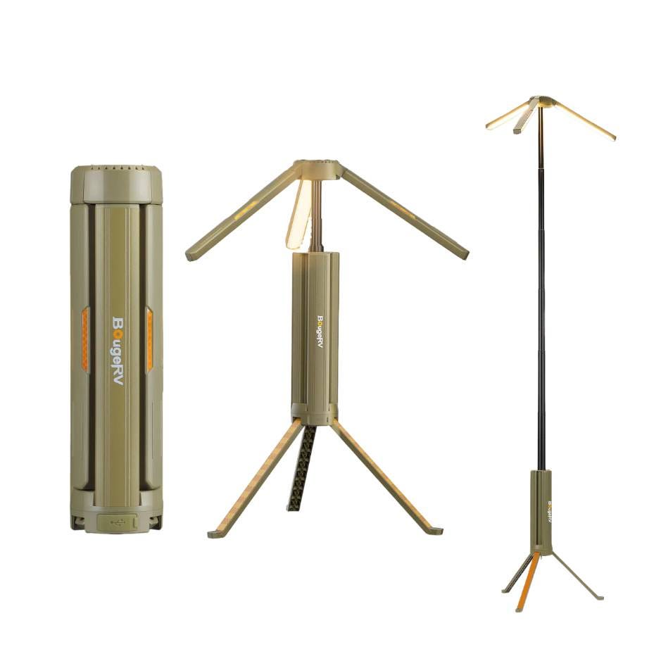 Collapsible camping light with an olive color, shown in three configurations: compact, partially extended with tripod legs, and fully extended as a tall light stand.