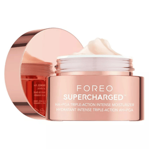 FOREO Supercharged HA+PGA Triple-Action Intense Moisturizer is a hydrating cream housed in a rose-gold jar. It aims to provide intense hydration and features Hyaluronic Acid and Polyglutamic Acid.