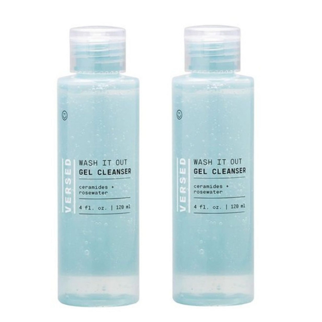 Two bottles of Versed Wash It Out Gel Cleanser with ceramides and rosewater, each containing 4 fl. oz. (120 ml).