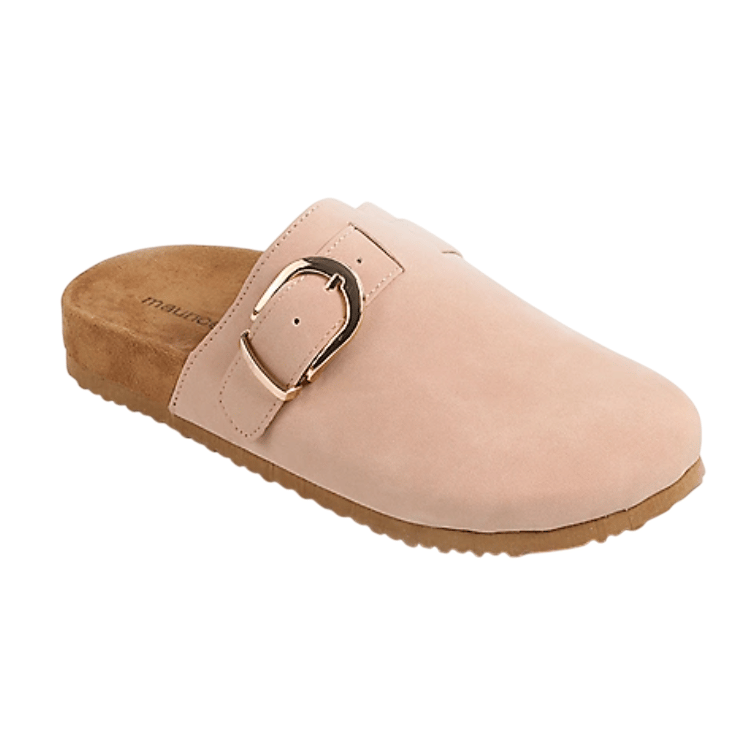 Pink slip-on mule with a buckle, featuring a suede-like finish and a cork-style sole.