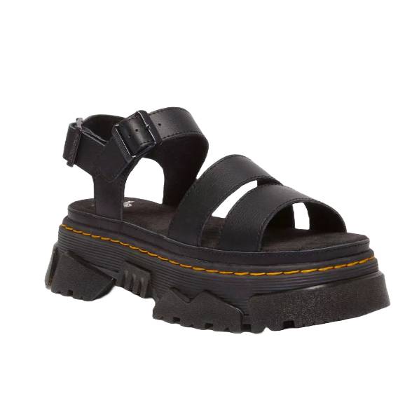 Black platform sandals with chunky soles, featuring three wide straps across the foot and an ankle strap with buckle closure. They have a thick, rugged sole with distinctive stitching around the sole.