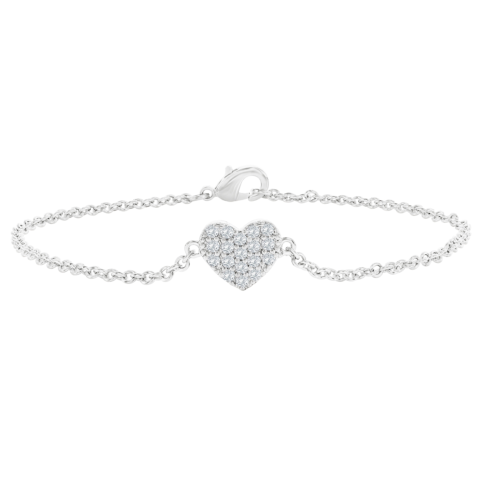 Silver bracelet with a heart-shaped charm encrusted with small sparkling stones, featuring a delicate chain and a lobster clasp.