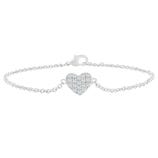 Silver bracelet with a heart-shaped charm encrusted with small sparkling stones, featuring a delicate chain and a lobster clasp.
