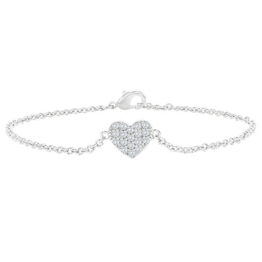 Silver bracelet with a heart-shaped charm encrusted with small sparkling stones, featuring a delicate chain and a lobster clasp.