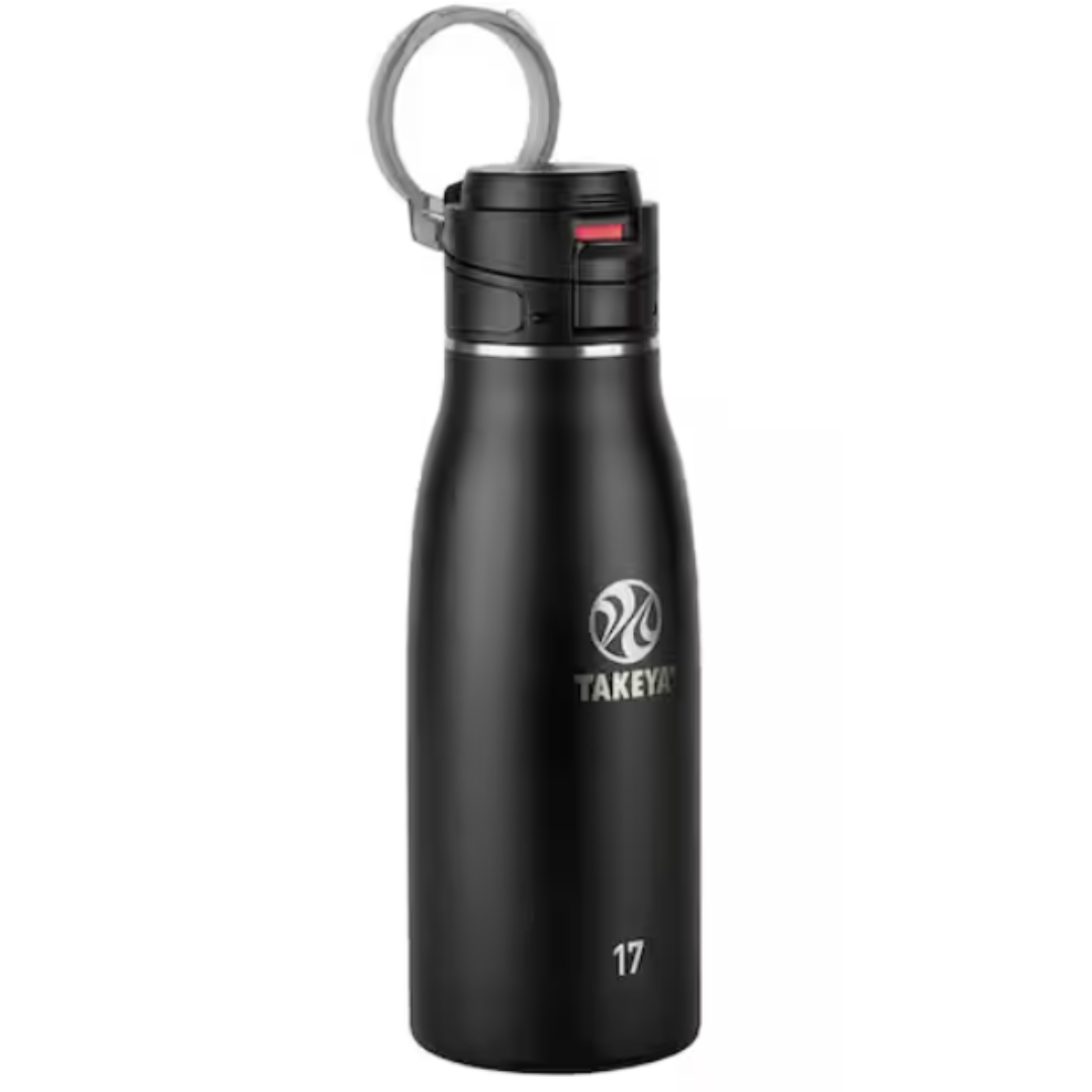 Black Takeya water bottle with a loop handle on the lid.