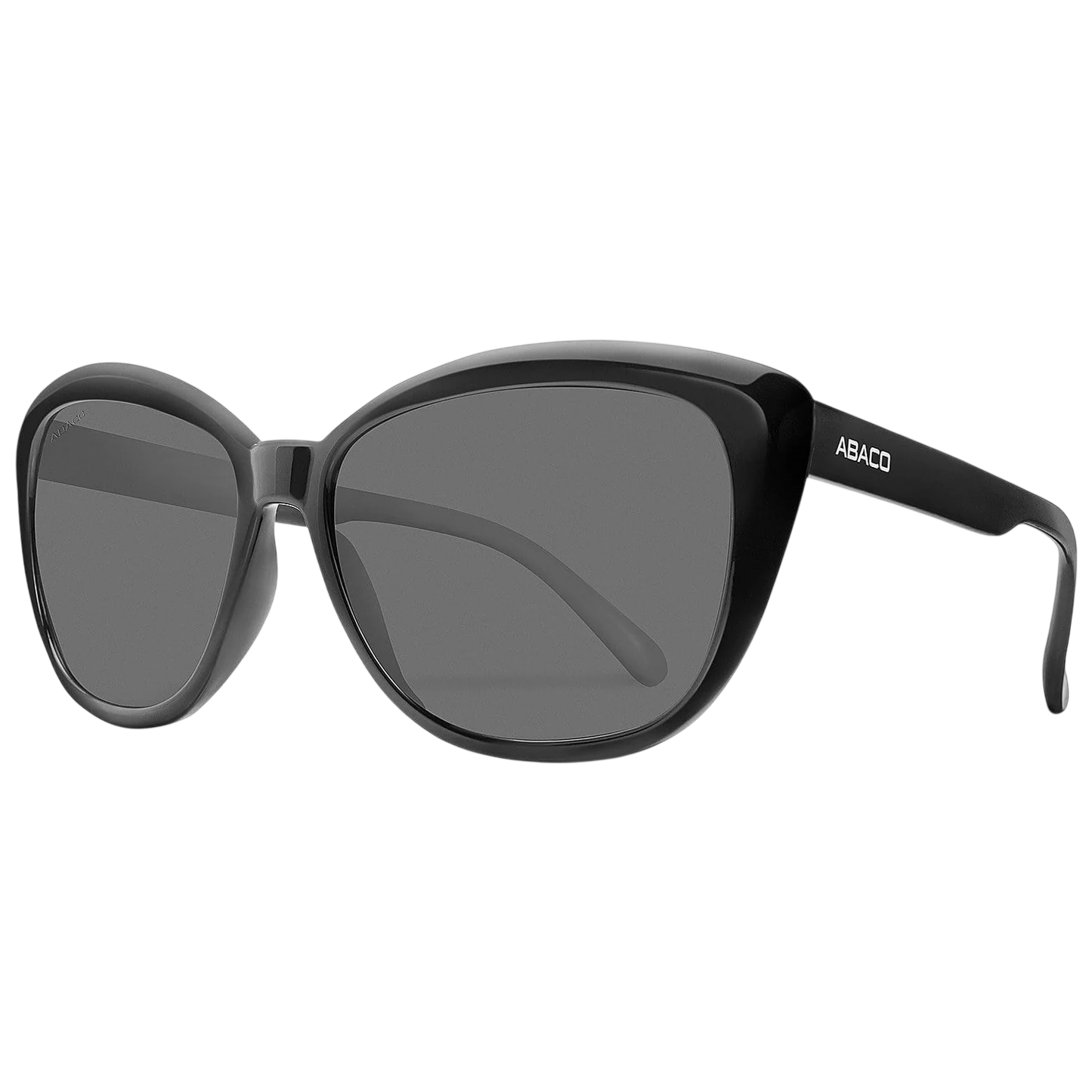 A pair of black cat-eye sunglasses with dark lenses and the brand name \“ABACO\“ on the arm.