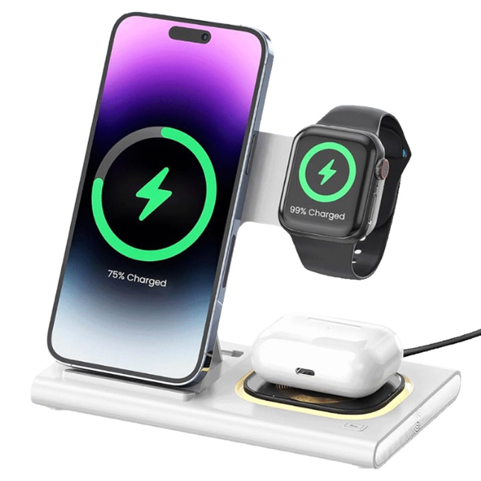 A wireless charging stand with designated spots for a smartphone, smartwatch, and earbuds, each with a visible charging indicator.