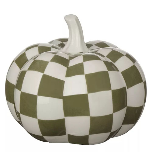 A decorative ceramic pumpkin featuring a green and white checkered pattern.