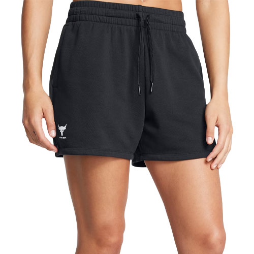 Black athletic shorts with an adjustable drawstring waistband and a small bull logo on the left leg.