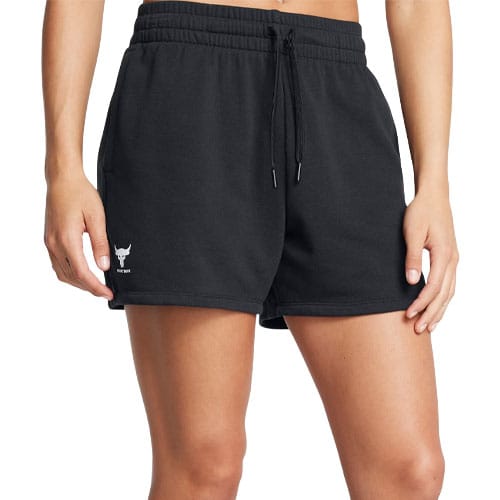 Black athletic shorts with an adjustable drawstring waistband and a small bull logo on the left leg.