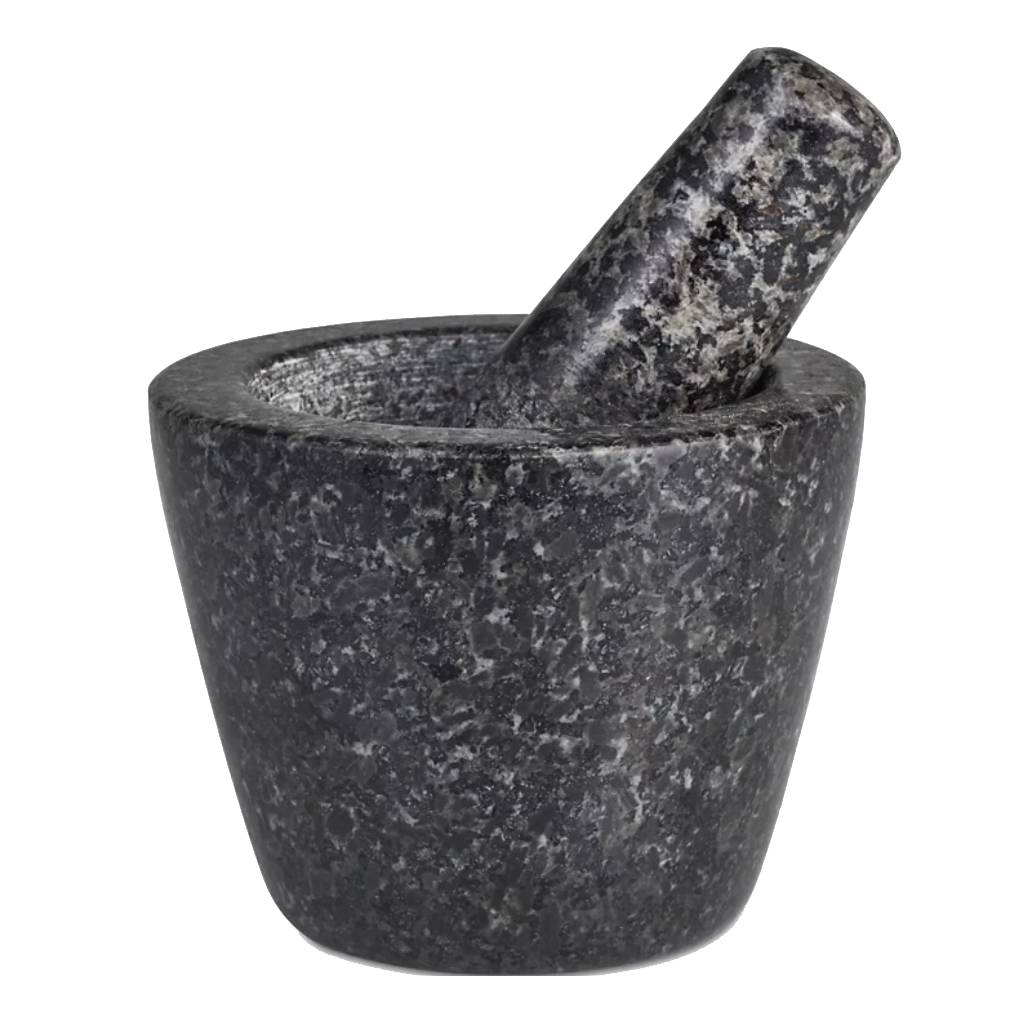 Granite mortar and pestle set in a mottled black and gray stone design, used for grinding and mixing ingredients.