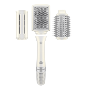 The 3pc Drybar Modular Hair Dryer features a handheld dryer with three interchangeable attachments: a flat brush, a vented barrel brush, and a round bristle brush, designed for versatile styling.