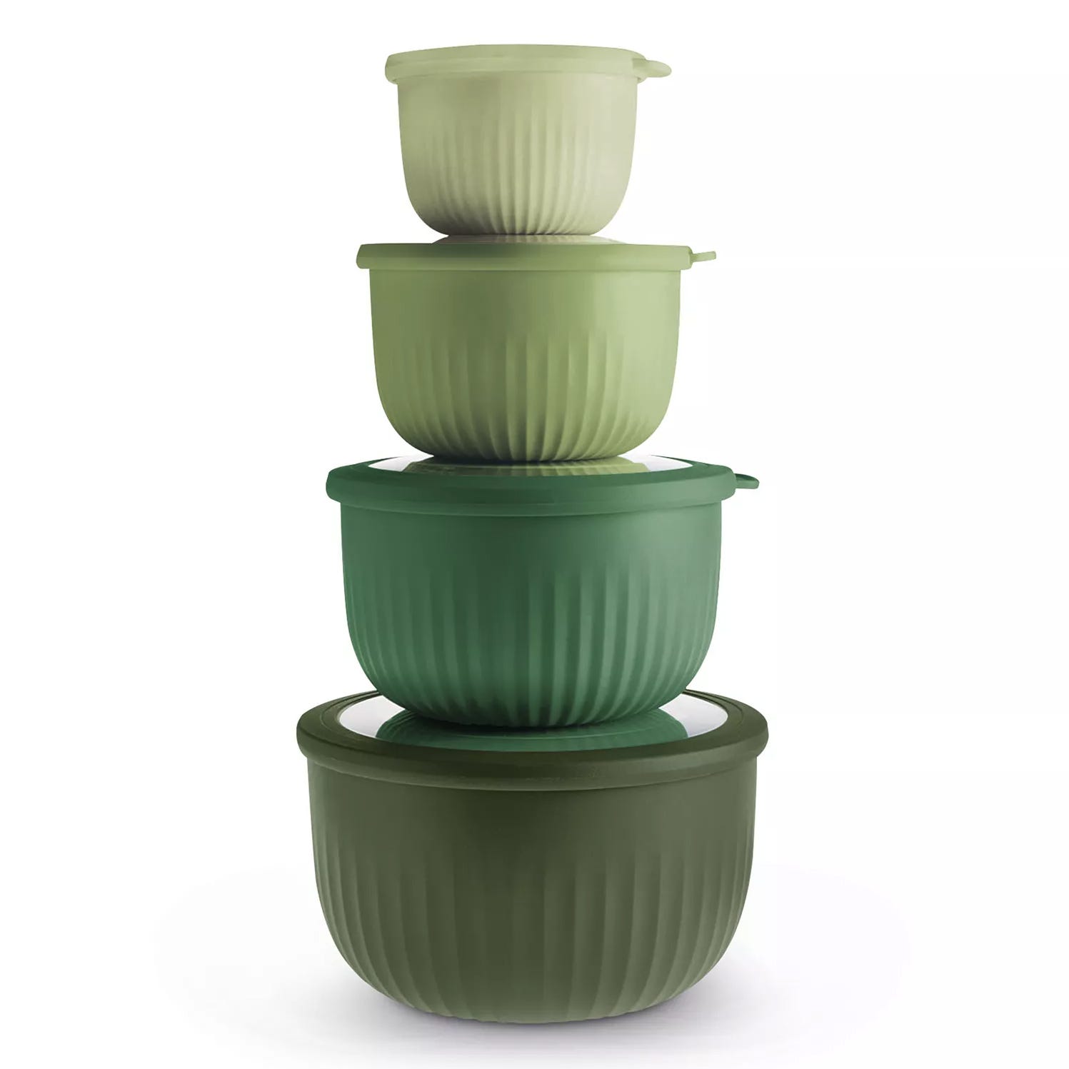 A stack of four green, ribbed plastic food storage bowls with lids, each varying in shade from light to dark green.