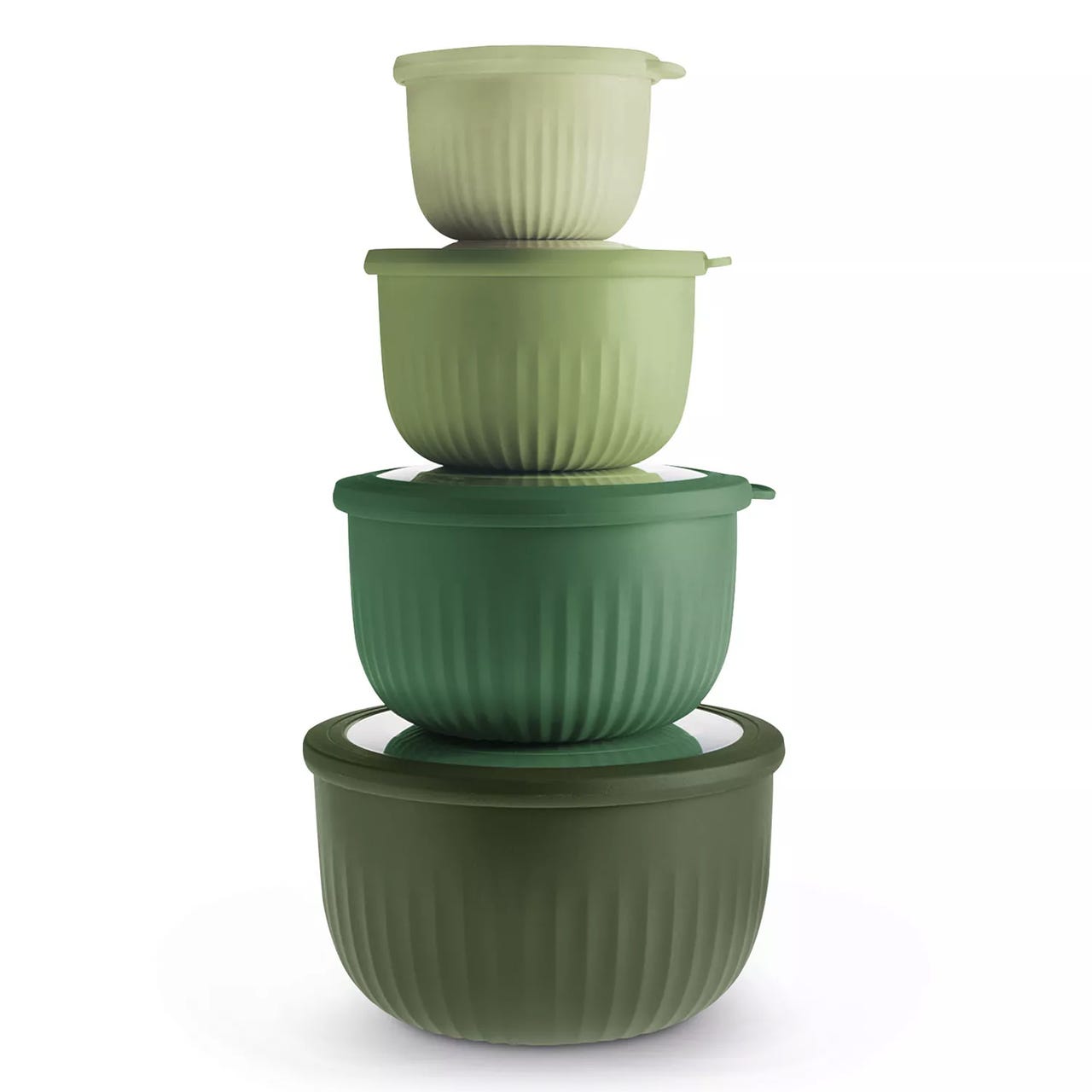 A stack of four green, ribbed plastic food storage bowls with lids, each varying in shade from light to dark green.
