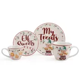 A festive kitchen set featuring two mugs and two plates with \“Elf Sweets\“ and \“My Treats\“ written on them, decorated with holly, candy canes, and elves holding cookies.