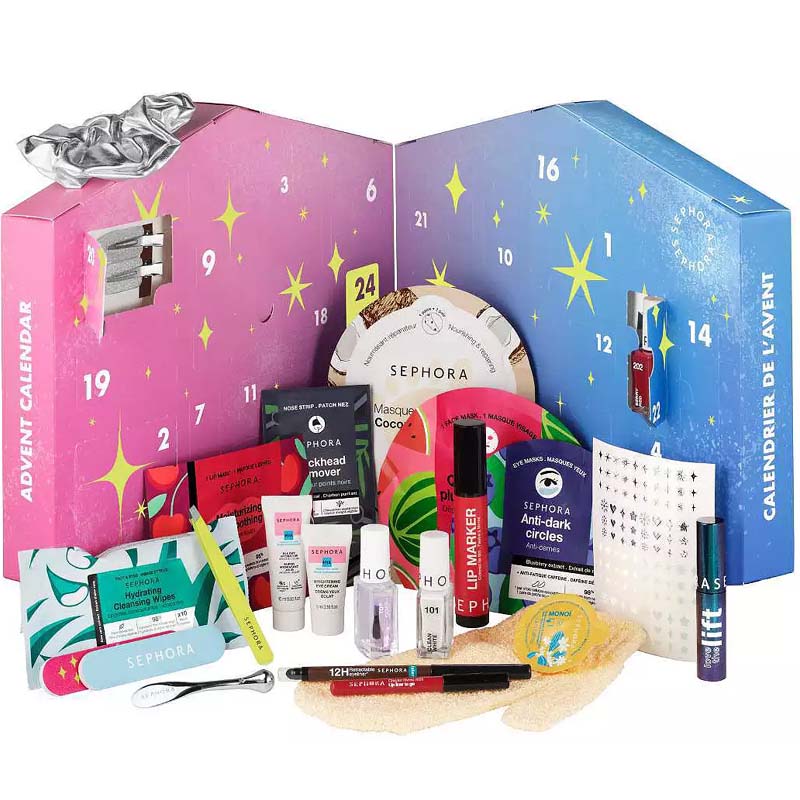 An advent calendar from Sephora is shown, containing various beauty items such as makeup, skincare products, and beauty tools.
