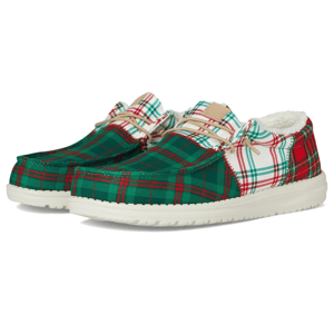 Hey Dude Men's shoes feature a festive plaid design in green, red, and white, with a cozy lining and white soles.
