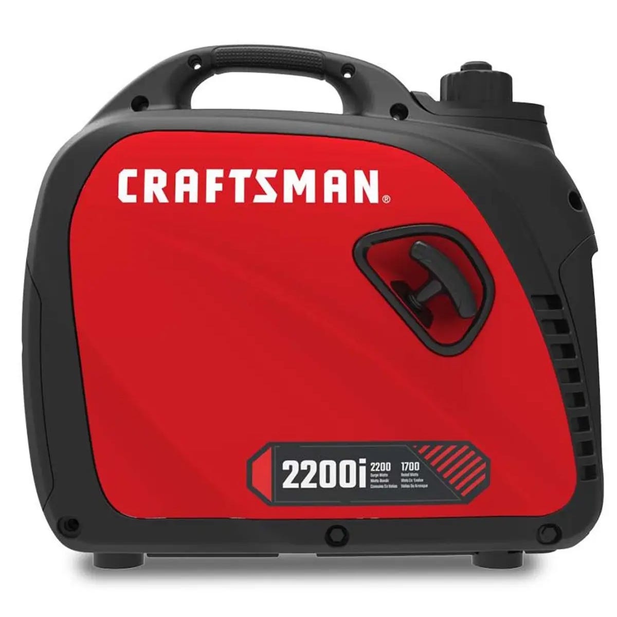CRAFTSMAN 2200i portable inverter generator with 2200 starting watts and 1700 running watts. Compact size with a red and black design.