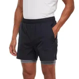 A person wearing black athletic shorts with an elastic waistband, layered over gray compression shorts.