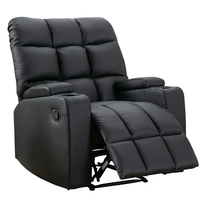 Black reclining chair with cushioned backrest, padded armrests, and integrated cup holders.