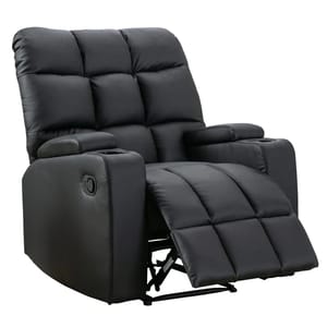 Black reclining chair with cushioned backrest, padded armrests, and integrated cup holders.
