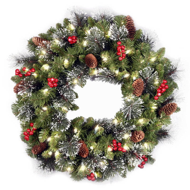 A holiday wreath with pine branches, pinecones, red berries, and white lights arranged in a circular pattern.