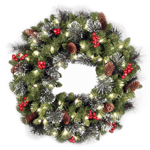 A holiday wreath with pine branches, pinecones, red berries, and white lights arranged in a circular pattern.
