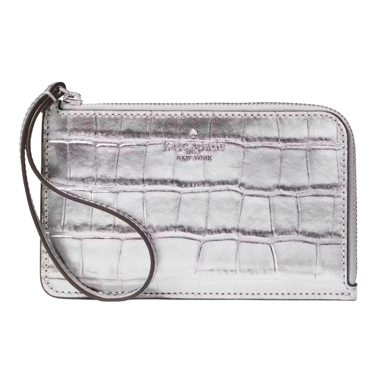 Silver Kate Spade New York wristlet with a crocodile-embossed pattern and zip closure.