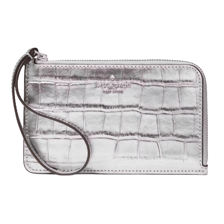 Silver Kate Spade New York wristlet with a crocodile-embossed pattern and zip closure.