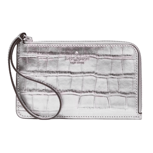 Silver Kate Spade New York wristlet with a crocodile-embossed pattern and zip closure.